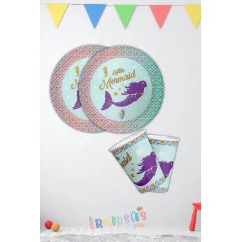 Deniz Kızı Konsept Doğum Günü Partisi Karton Tabak Bardak Seti 8 li Deniz Kızı Süsleme