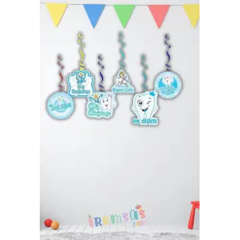 Erkek Bebek Dişim Çıktı Tavan Sarkıt Süs Mavi Renk 6lı Dişim Çıktı Partisi Diş Buğdayı Süsü