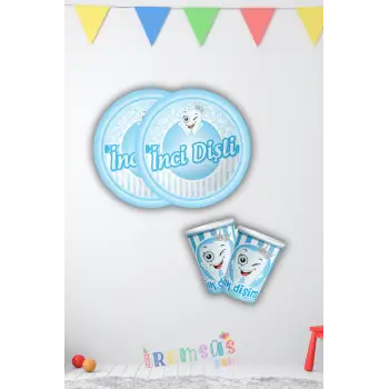 Erkek Bebek İnci Dişli Tabak Bardak Set 8li Dişim Çıktı Partisi Diş Buğdayı Süsü