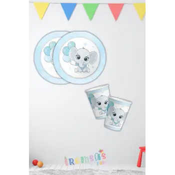 Fil Tema Mavi Konsept Doğum Günü Karton Tabak Bardak Parti Seti 8 li Erkek Yeni Doğum Süsleme