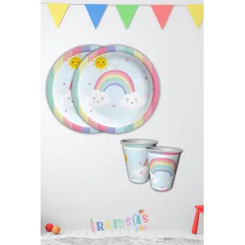 Gökkuşağı Konsept Doğum Günü Partisi Karton Tabak Bardak Seti 8 Li Gökkuşağı Tema Parti Tabağı