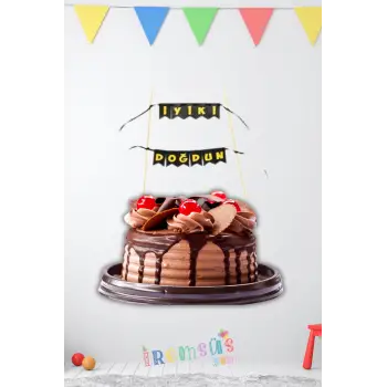 Gold Renk Iyiki Doğdun Yazılı Siyah Pasta Bayrağı Banner Flama