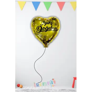 Gold Renk Üzeri Siyah Renk İyi ki Doğdun Yazılı Folyo Helyum Kalp Balon 18 Siyah Gold Doğum Günü