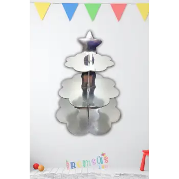 Gümüş Konsept Doğum Günü Partisi 3 Katlı Parlak Cupcake Standı Gümüş Renk Süsleme Kek Standı