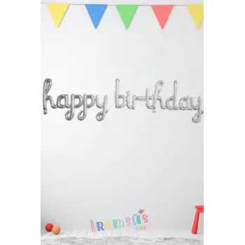 Gümüş Renkli Happy Birthday Kaligrafi Yazılı Folyo Balon Doğum Günü Partisi Balonu