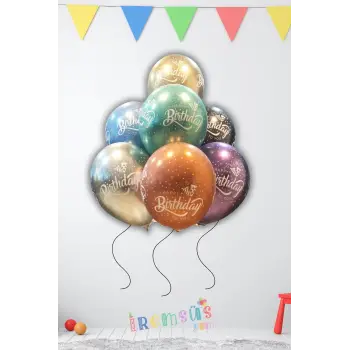Happy Birthday Baskılı Karışık Renk Krom Balon 10 Adet Doğum Günü Süsleme Aynalı Balon