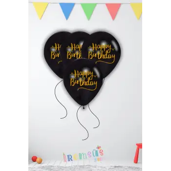 Happy Birthday Baskılı Siyah Renk Balon 10 Adet Doğum Günü Partisi Süsleme Balonu