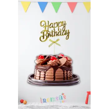 Happy Birthday Yazılı Gold Renk Pasta Süsü, 23cm x 12,5cm