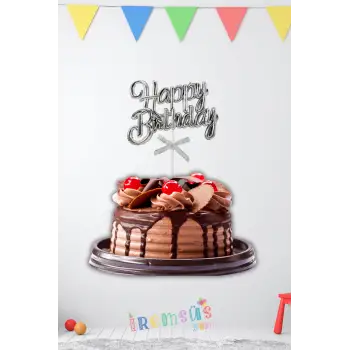 Happy Birthday Yazılı Gümüş Renk Pasta Süsü, 23cm x 12,5cm