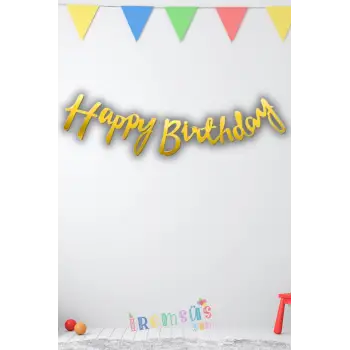 Happy Birthday Yazılı Kaligrafi Banner Yazısı Gold Renk Doğum Günü Partisi 110 cm