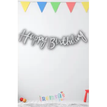 Happy Birthday Yazılı Kaligrafi Banner Yazısı Gümüş Renk Doğum Günü Partisi 110 cm