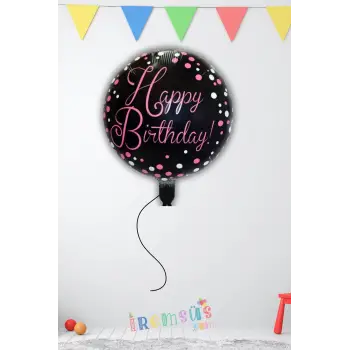 Happy Birthday Yazılı Siyah Pembe Folyo Helyum Balon 18 45 Cm Doğum Günü Süsleme Balonu