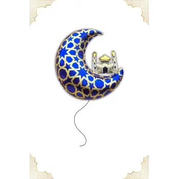 Hilal Cami Folyo Balon 55 Cm Hoşgeldin Ramazan İslami Motifli Mavi Gold Renk Süsleme