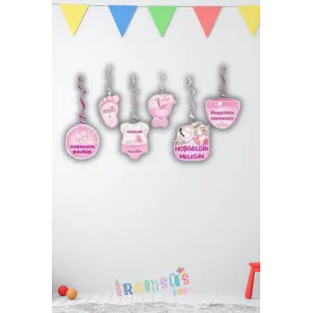 Hoşgeldin Bebeğim Pembe Renk 6 lı Tavan Sarkıt Süs Yeni Doğum Kız Bebek Süslemesi