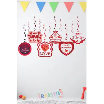 Kalp Tema Seni Seviyorum Yazılı 6 lı Tavan Sarkıt Süs Sevgililer Günü Yıldönümü Süslemesi