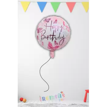 Kelebek Desenli Happy Birthday Folyo Helyum Balon 18 Kelebek Konsept Parti Balonu