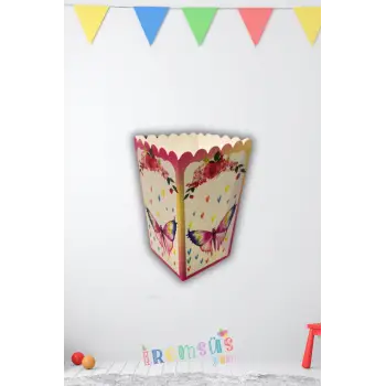 Kelebekli Konsept Doğum Günü Partisi Karton Popcorn Mısır Kutusu 8li Kelebek Tema Süsleme