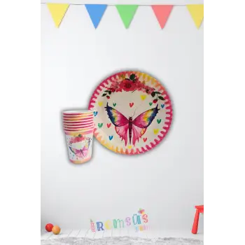 Kelebekli Konsept Doğum Günü Partisi Karton Tabak Bardak Seti 8 li Kelebek Tema Süsleme