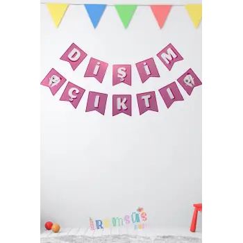 Kız Bebek Dişim Çıktı Banner Yazı Pembe Renk 190 cm Dişim Çıktı Partisi Diş Buğdayı Süsü