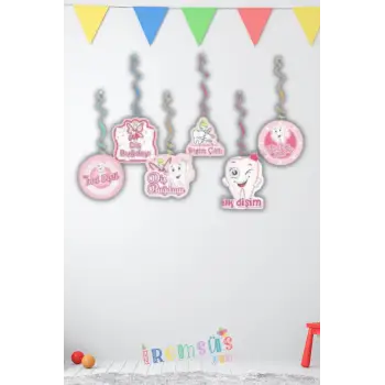 Kız Bebek Dişim Çıktı Tavan Sarkıt Süs Pembe Renk 6lı Dişim Çıktı Partisi Diş Buğdayı Süsü