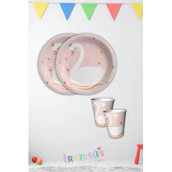Kuğu Konsept Doğum Günü Partisi Karton Tabak Bardak Seti 8 li Kuğu Tema Süsleme