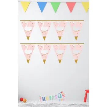 Kuğu Konsept Doğum Günü Partisi Üçgen Flama 3 mt Kuğu Tema Doğum Günü Süslemesi