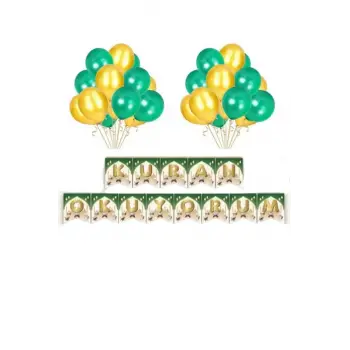 Kuran Okuyorum Yazısı Balonlu Banner Seti Yeşil Gold Renk 2mt Kuran Okuma Partisi Süslemesi