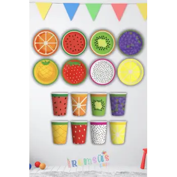Meyveler Konsept Doğum Günü Partisi Karton Tabak Bardak Seti 8 Li Meyve Tema Parti Tabağı