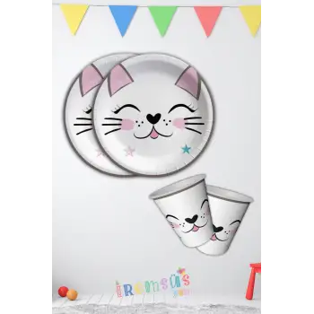 Miss Cat Konsept Doğum Günü Partisi Karton Tabak Bardak Seti 8 Li Sevimli Kedi Doğum Günü Süsü