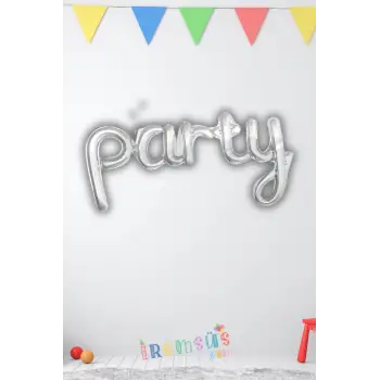 Party Yazılı Birleşik Gümüş Renk Folyo Balon 100cm Parti Balonu Süslemesi