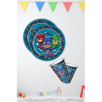 Pijamaskeliler Tema Doğum Günü Partisi Karton Tabak Bardak 8li Pijamaske Konsept Süsleme