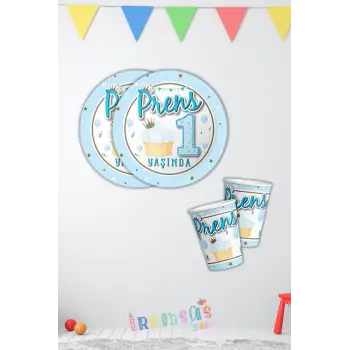 Prens 1 Yaşında Mavi Renk Doğum Günü Karton Tabak Bardak Seti 8 li 1 Yaş Set