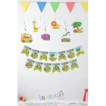 Safari Konsept Doğum Günü Partisi İyi ki Doğdun Banner + 6lı Tavan Süs Süsleme Paket Ekonomik Paket