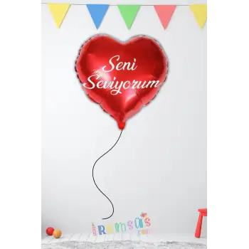 Seni Seviyorum Baskılı Kırmızı Renk Folyo Helyum Kalp Balon 18 45 cm Sevgililer Günü Süslemesi
