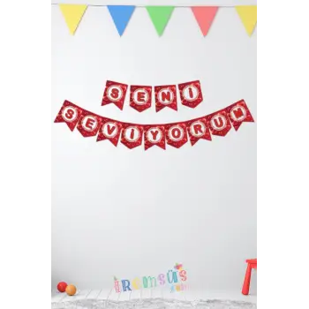 Seni Seviyorum Yazılı Kırmızı Renk Banner Sevgili Sürpriz Süslemesi 190 cm