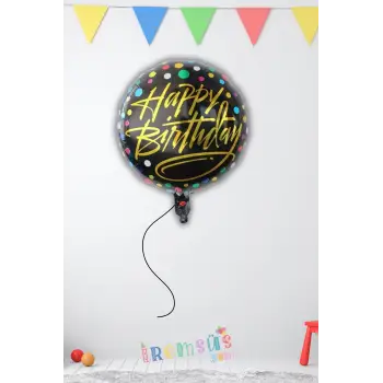 Siyah Üzeri Gold Renk Happy Birthday Baskılı Yuvarlak Folyo Helyum Balon 18 Doğum günü Balonu