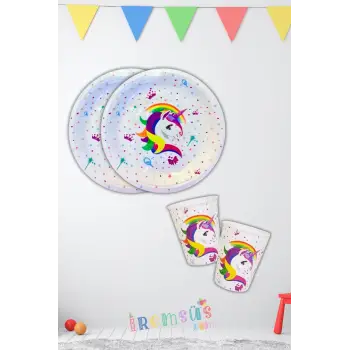 Unicorn Konsept Doğum Günü Partisi Karton Tabak Bardak Seti 8 li Unicorn Süsleme