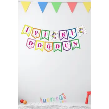 Unicorn Konsept İyi ki Doğdun Yazılı Banner Süsleme 190 cm Unicorn Süs