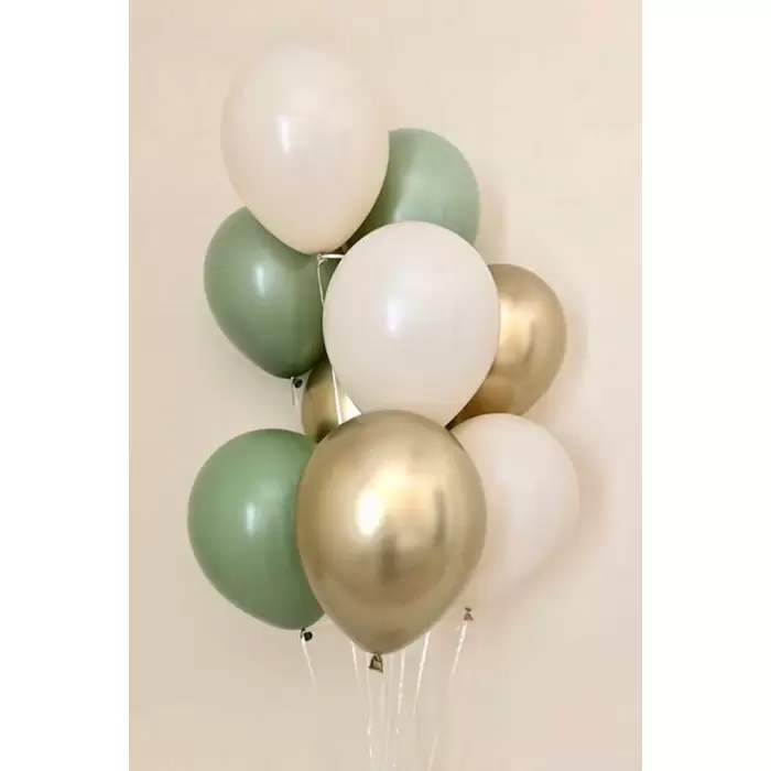 Krom Gold Küf Yeşil Pastel Beyaz Lateks Balon Buketi 9 Adet Küf Yeşilli Balon Seti Aynalı Balon