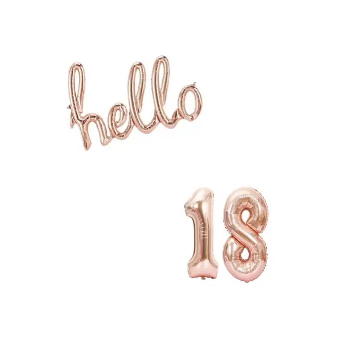 18 Yaş Doğum Günü Partisi Hello 18 Yazılı Balon Rose Gold Renk Konsepti 18 Yaş Parti Süslemesi