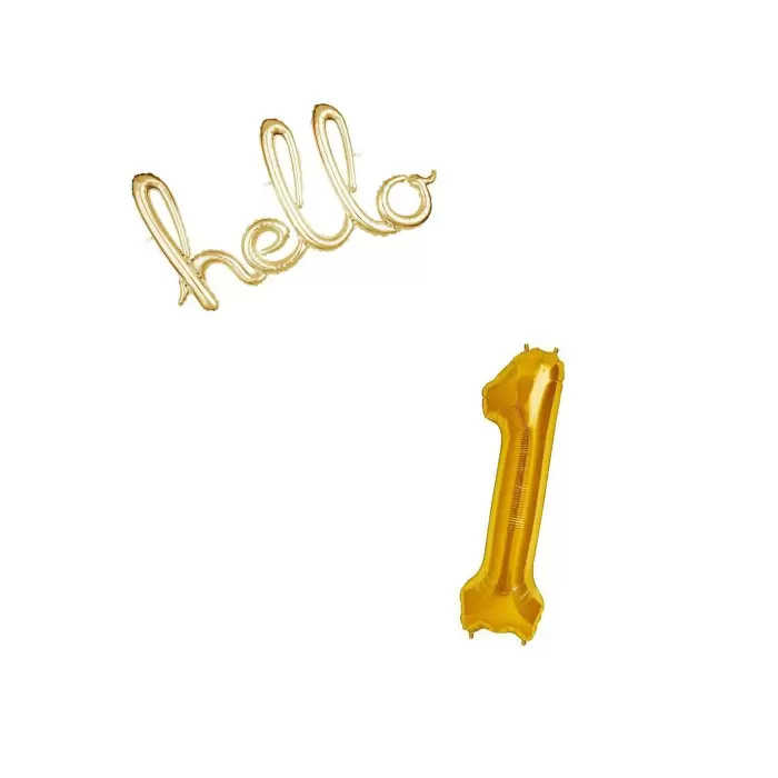 1 Yaş Doğum Günü Partisi Hello 1 Balon Seti Gold Renk Konsept 1 Yaş Balon Süslemesi