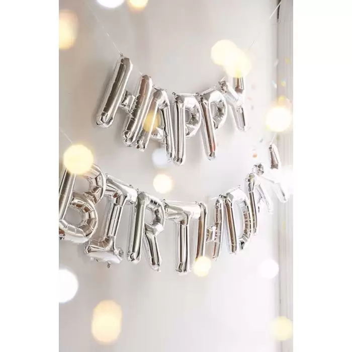 Gümüş Renk Happy Bırthday Yazılı Folyo Harfli Balon Seti 36 Cm Silver Rengi Konsept Süsleme