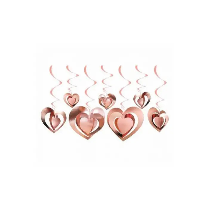 3D Görünümlü Tavan Sarkıt Rose Gold  Renk Kalp Süs 12li Sevgili Sürprizi Süslemesi