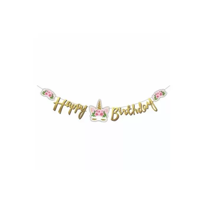 Çiçekli Unicorn Konsept Happy Birthday Kaligrafi Banner Yazısı Gold Renk 210 cm Unicorn Süs