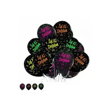 Renkli İyiki Doğdun Yazılı Siyah Balon 10 adet