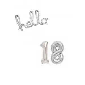 18 Yaş Doğum Günü Partisi Hello 18 Yazılı Balon Gümüş Renk Konsepti 18 Yaş Parti Süslemesi