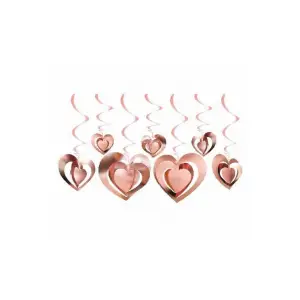 3D Görünümlü Tavan Sarkıt Rose Gold  Renk Kalp Süs 12li Sevgili Sürprizi Süslemesi