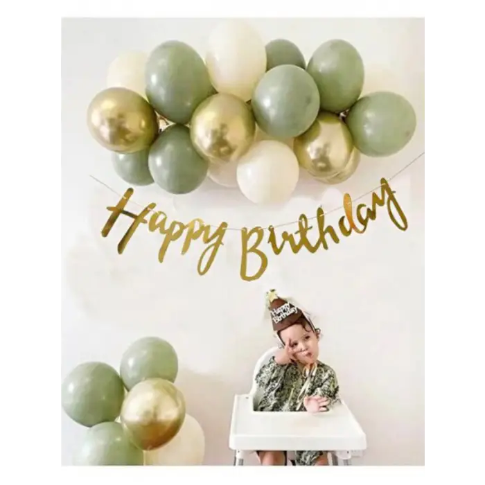 Küf Yeşil Krom Gold Bej Renk Happy Birthday Yazılı Balon Seti Küf Yeşilli Doğum Günü Partisi