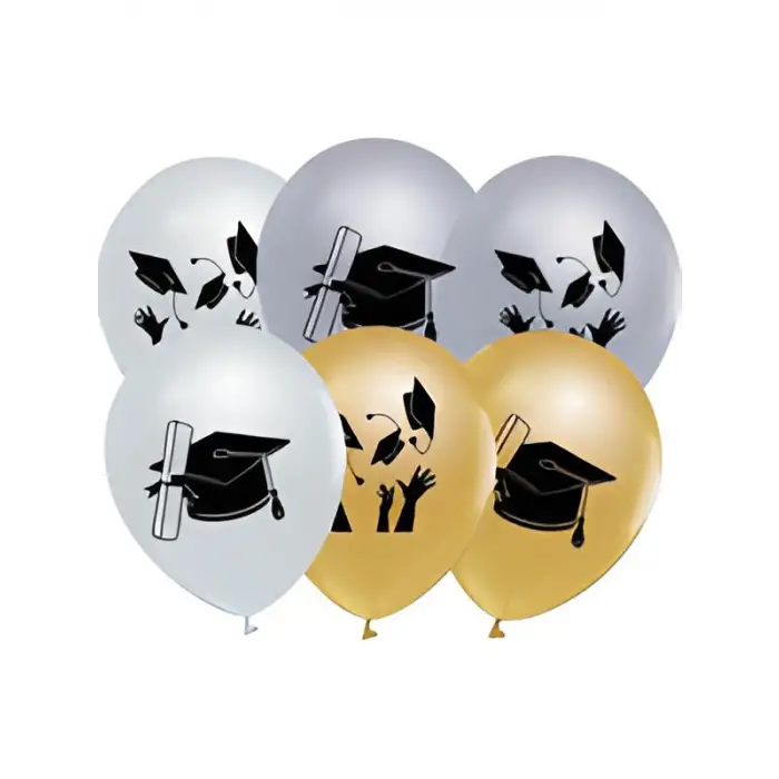 Mezuniyet Kep Baskılı Metalik Balon Beyaz-Gümüş-Gold Renk 10 Adet