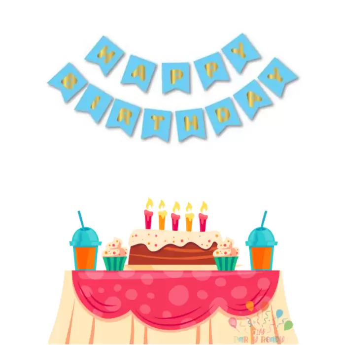 Mavi Renkli Gold Yaldızlı Happy Birthday Banner